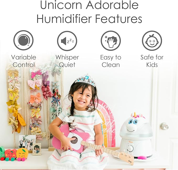 Crane Unicorn Ultrasonic Cool Mist Humidifier with Auto Shut-Off, For Baby Nursery and Kids Room, 1 Gallon Tank, Animal Humidifier For Kids Room