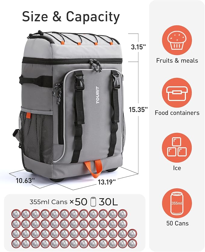 TOURIT Insulated Rolling Cooler Backpack, Leakproof Waterproof Beach Cooler Bag with Wheels and Handle, Outdoor Camping Picnic Travel