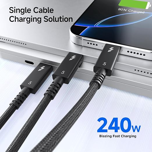 Cable Matters [Intel Certified] 80Gbps Active Thunderbolt 5 Cable - 6.6ft / 2m, Supports up to 120Gbps Bandwidth Boost, 240W Charging, 8K Video, Compatible with Thunderbolt 4/3, USB4, and USB-C