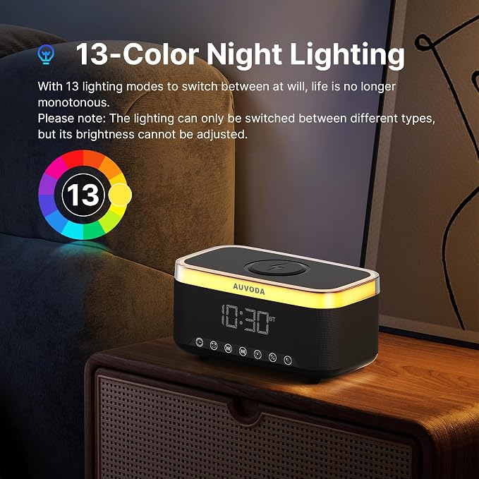 S300 Portable Bluetooth Speaker, 16 W Stereo, BT 5.3, TWS Pairing | 15 W Wireless Charging, 13-Color Night Light, Alarm Clock, TF AUX Inputs, Ideal for PC Smartphone Home Bedroom Office