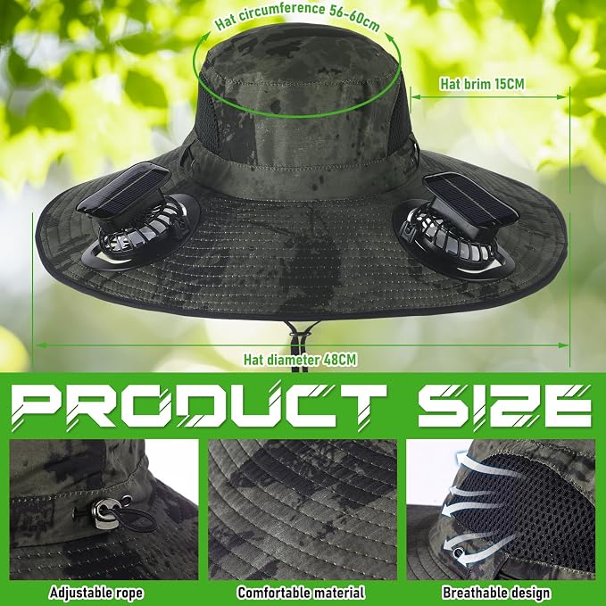 Berlune Sun Hat with 2 Solar Fan Wide Brim Fishing Bucket Hat USB & Solar for Men Women UPF 50+ Cooling for Fishing Beach