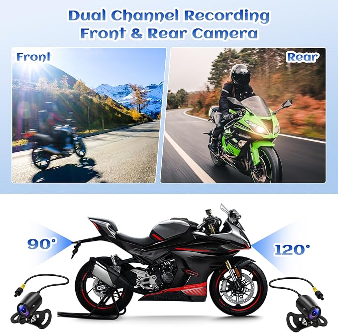Motorcycle Dash Cam Dual HD Camera Front and Rear View,3" IPS Screen 1080P IP65 Waterproof 150° Wide Angle Sportbike Recording DVR with G-Sensor,Loop Recording,Night Vision,Parking Monitor