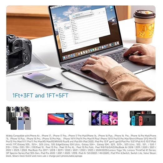 2 in 1 USB C to USB C/Lightning Cable 100W Max 6FT 1Pack,Multi Cable Simultaneous Fast Charging Compatible with MacBook Air/Pro/iPad/iPhone 17/16/15/14/13/12/11 Series,Galaxy S26/S25/24 Series/Pixel
