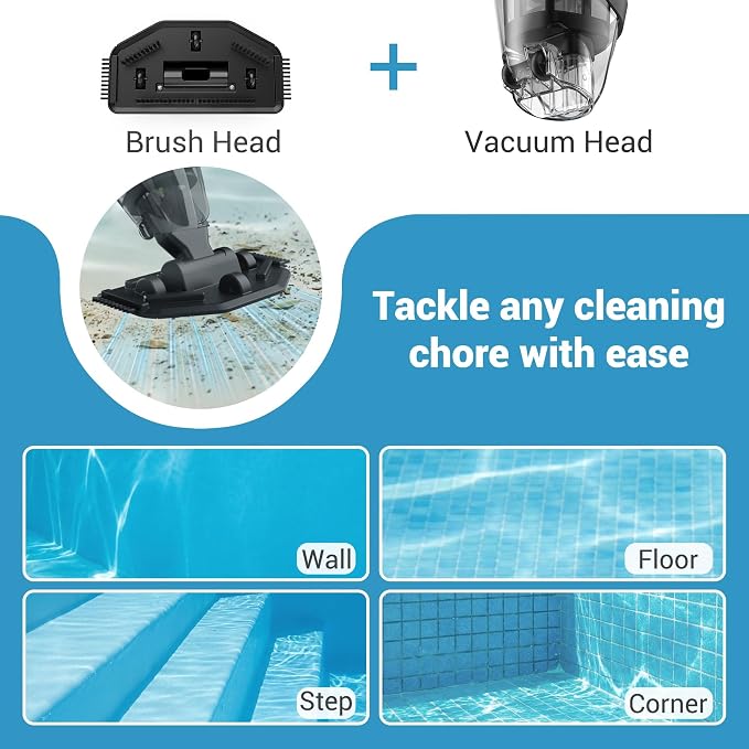 Pool Vacuum Above Ground Pool, 60min Runtime & 4-Section Aluminum Pole, 18 GPM Powerful Suction, Lightweight Cordless Handheld Rechargeable Pool Cleaner with 120μm Fine Filter (Blue)