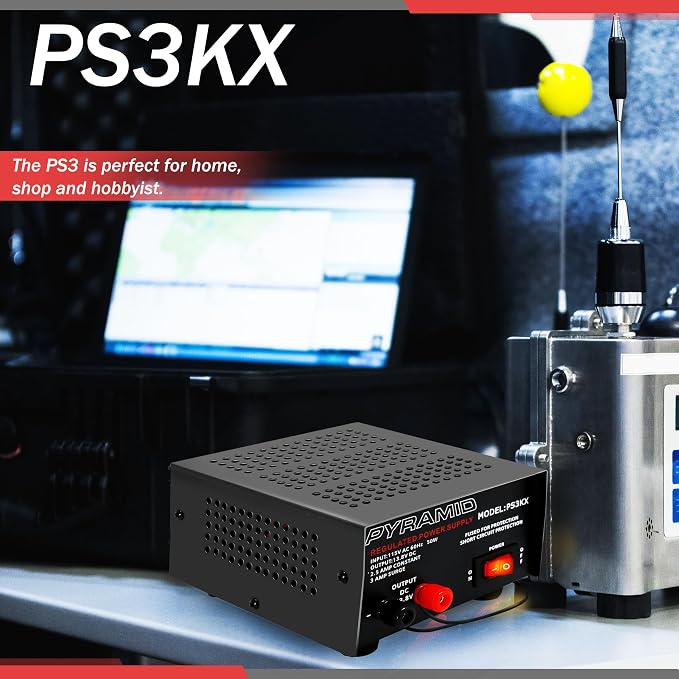 Pyramid Universal Compact Bench Power Supply - 2.5 Amp Linear Regulated Home Lab Benchtop AC-to-DC 12V Converter w/ 13.8 Volt DC 115V AC 50 Watt Power Input, Screw Type Terminals, Cooling Fan PS3KX