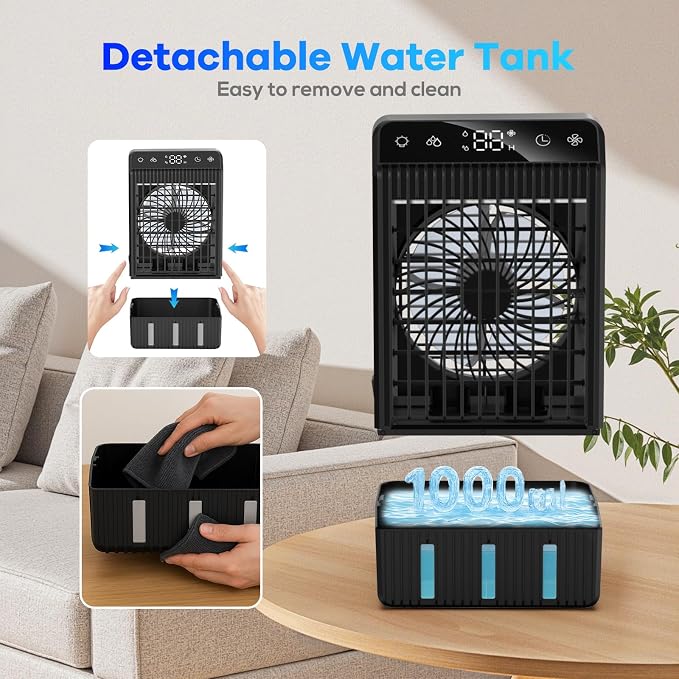 Portable Air Conditioner with LED Display, 1000ML Mini AC Air Conditioner 4-in-1 Air Cooler Humidifier with 7 Colors Light, Timer Personal Evaporative Air Cooler Cooling Fan for Bedroom Office Home
