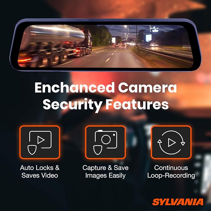 SYLVANIA - Roadsight Mirror Dash Camera and Backup Camera - 340 Degree View - HD 1080p, Elastic Mount, 32GB Memory Card, G-Sensor, 9.66" LED IPS Touch Screen, Truck, Car, Taxi