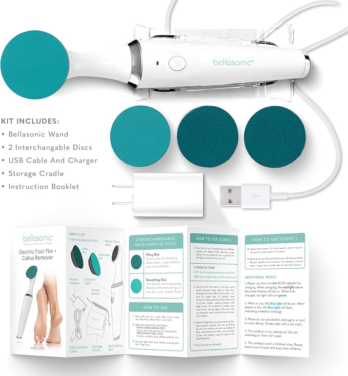 Bellasonic Electric Foot File + Callus Remover with Unique Oscillating Head – File & Smooth Dry, Hardened & Cracked Skin on Heels & Toes – Salon Quality Pedicure at Home w/Portable, Rechargeable Set