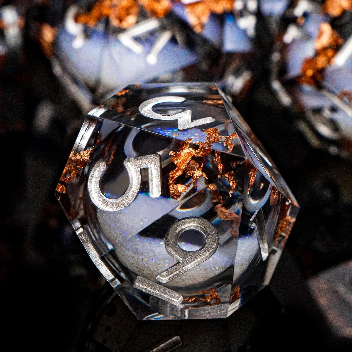 ARUOHHA Liquid Core DND Dice Set, 7pcs Resin Sharp Edged Dragons Dice Role Playing Games, RPG Silver Numbers Black Dungeons Polyhedral Dice with Gift Box D20 D12 D10 D8 D6 D4