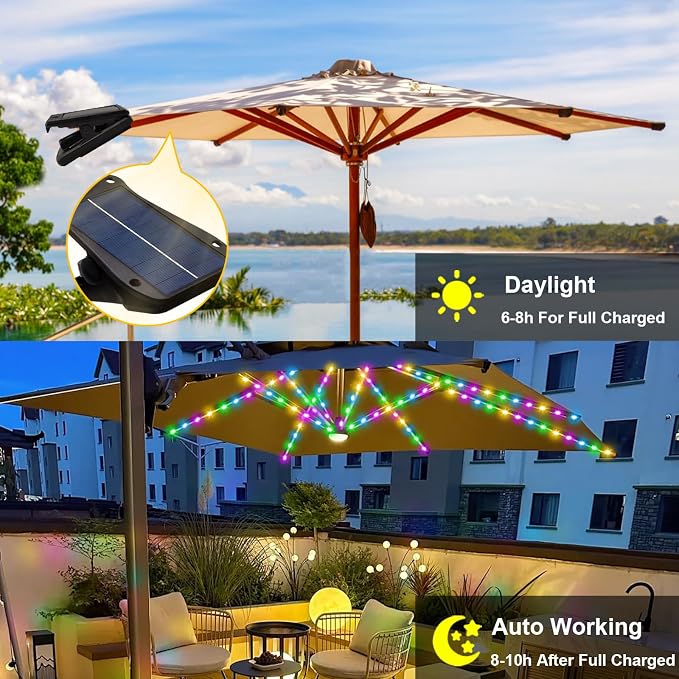 Patio Umbrella Solar Lights with 8 Modes - Upgraded Larger Solar Panel Clip 5V 152 LEDs 8 Strands Umbrella Lights Outdoor Waterproof for Patio Beach Tent Camping Garden Decor, Multicolor