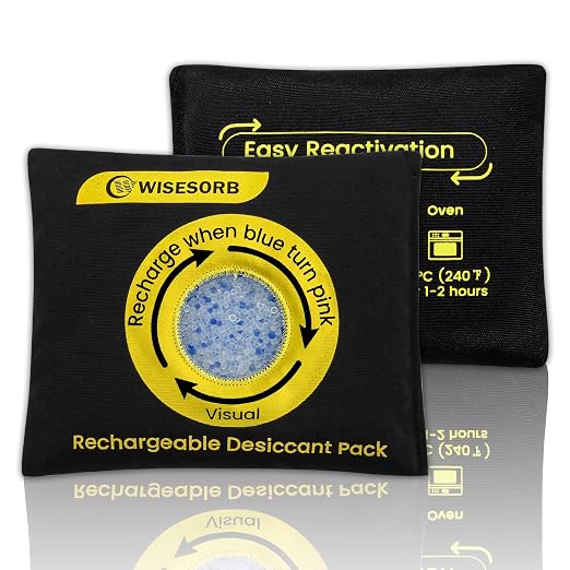 Wisesorb 500g Reusable Silica Gel Desiccant Packs, Rechargeable Dehumidifier Moisture Absorbers with Color Indicator for Storage, Gun Safes, Suitcases, 3D Printing Filaments, Electronics, Car [2 Pack]