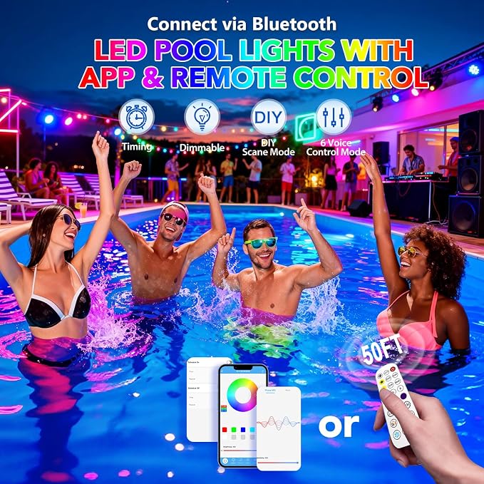 RGBIC Pool Lights 100FT - Plug-in Submersible LED Lights for Inground & Above Ground Pools, App & Remote Control, 16M Colors, Music Sync, IP68 Waterproof for Pool Party – Brighter Than Solar