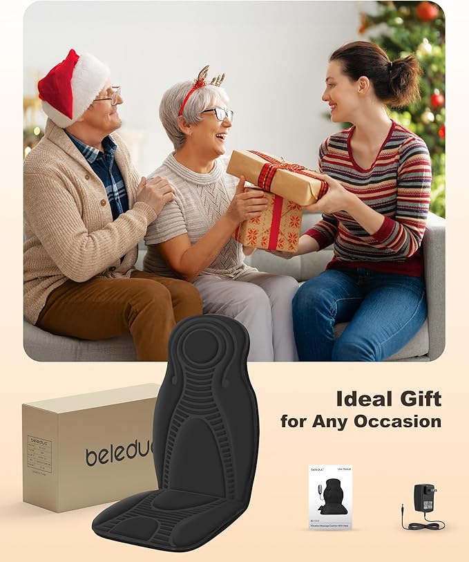 Beleduc Back Massager for Chair with Heat, Massage Chair Pad for Pain Relief, Massage Seat Cushion with 9 Vibration Motors, 3 Heating Areas, 30/60/90 Minute Timer, Home Office Relaxation