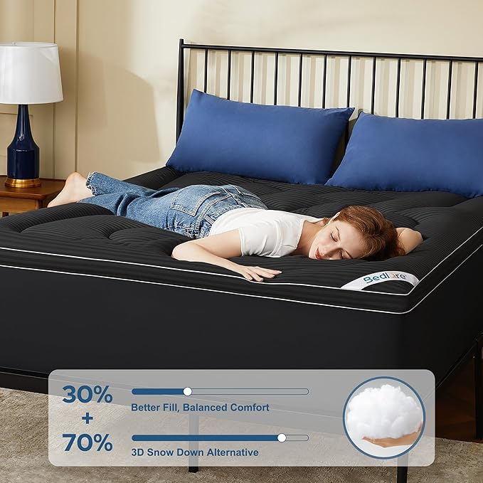 BEDLORE Full Mattress Topper, Thick Pillow Top Pad for Back Pain Relief, Soft Mattress Cover with Deep Pockets 6-15 inch（Black）
