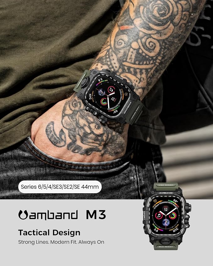 amBand Rugged Case with Band for Apple Watch 44mm, Compatible with iWatch Series SE 3/SE 2nd Generation/SE/6/5/4, Military Grade Shockproof Bumper Cover, Tactical Band for Men, Army Green