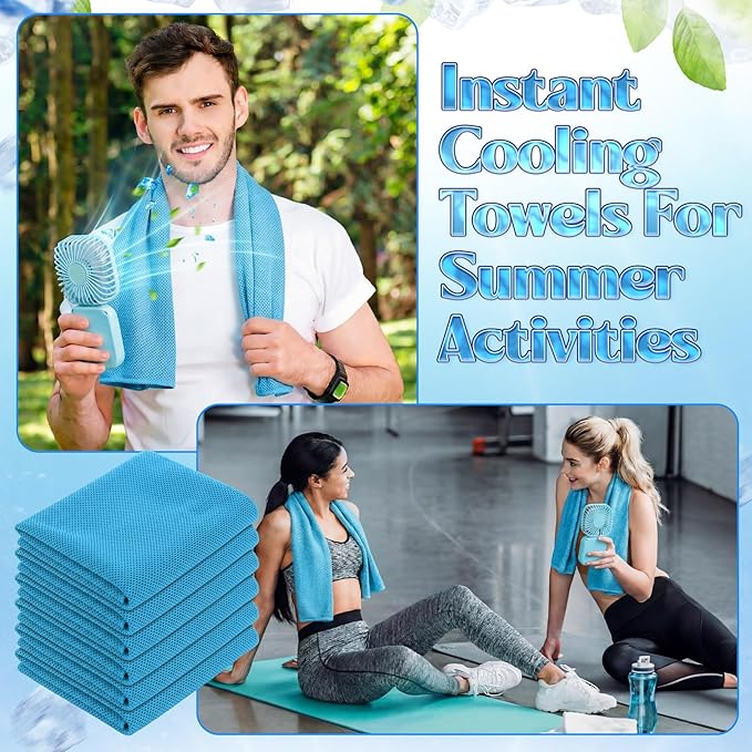 Hortsun 12 Personal Necklace Fan 12 Cooling Towels USB Rechargeable Battery 3 Speed Handheld Fan Portable Neck Hanging Fans Cooling Rags Bulk for Yoga, Sport, Camping, Fitness(Blue)
