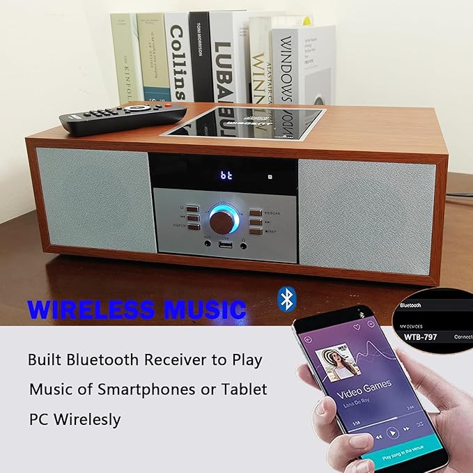 Nostalgic Bluetooth Stereo System for Home, WISCENT Vintage Micro HiFi Systems CD Player,with Bluetooth Audio Streaming,FM Radio,USB Port,Aux-in,Earphone Port (Brown)
