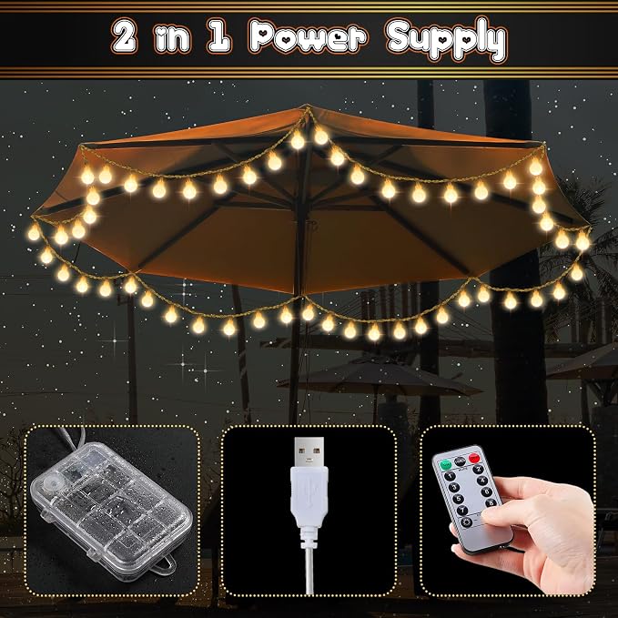 2 Pack 32 Feet Patio Umbrella Lights, 8 Lighting Modes LED String Lights with 64 Pcs Shatterproof Globe, Remote Control Battery & USB Powered, Waterproof Hanging Light Decorate for Patio