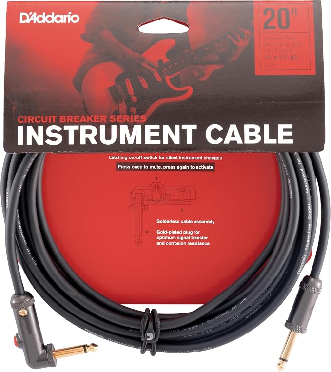 D'Addario Guitar Cable - Guitar Lead - Circuit Breaker Cable - Latching Cut-Off Switch to Mute When Changing Instrument - 20 Feet/7.62 Meters - Straight Ends/Right Angle - 1 Pack