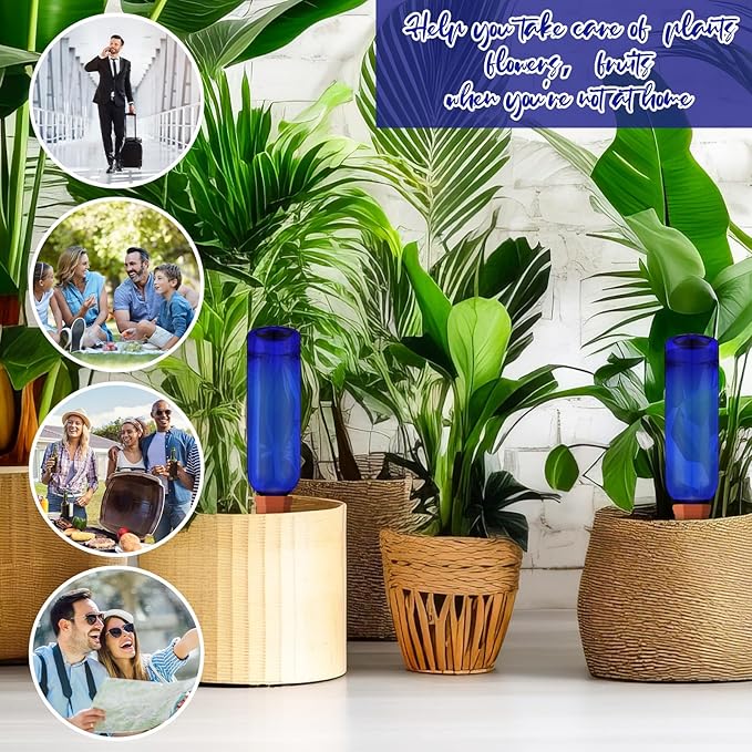 Teenyyou 12 Pcs Watering Spikes for Indoor Plants Include Terracotta Self Watering Spikes Devices and 26 oz Plastic Bottles Slow Release Vacation Insert Automatic(Blue)