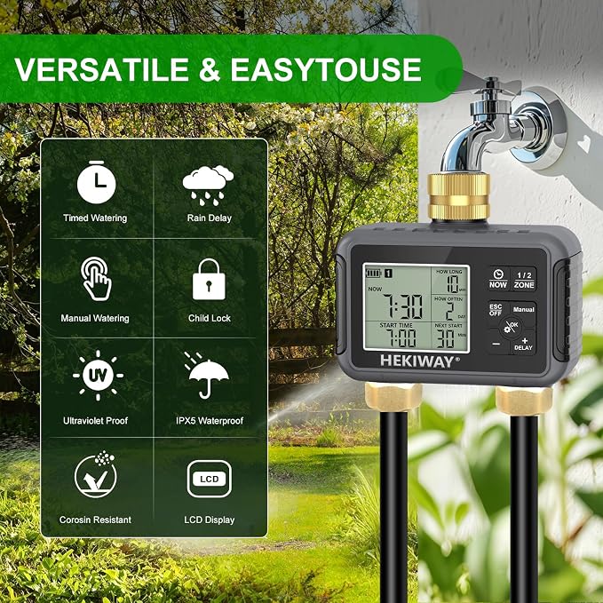 Dual Outlet Water Timer for Garden Hose with 2 Brass Connectors, Programmable Irrigation Controller with Rain Delay & Child Lock for Lawn, Yard, Drip Irrigation, Greenhouse