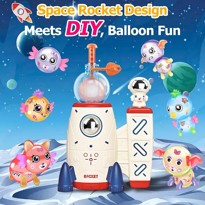 sticky balloon Rocket kit Ages 3-8 with Air Rocket Pump(4.28" x 5.9" x 7.08") Soft balloon, Stickers & Eyes Build Balloon Animals No Glue No Mess, Screen-Free Travel Gift for Girls Boys