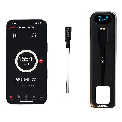 Nexgrill Smart Wireless Meat Thermometer, Bluetooth, Dual Sensor Probe Meat & Ambient, Digital Display Base, iOS/Android App Control, ±0.9°F Accuracy, USB-C Rechargeable for Grill, Smoker, Oven & BBQ