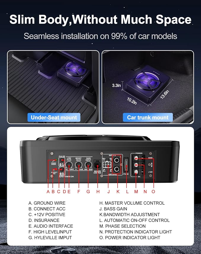 10 Inch 800W Under Seat Car Subwoofer,Full Cast Aluminum Under Seat Powered Subwoofer,Built-in Amp & APP LED Light Control,12V Universal Vehicle Subwoofer Full Installation Kit with Gift Box