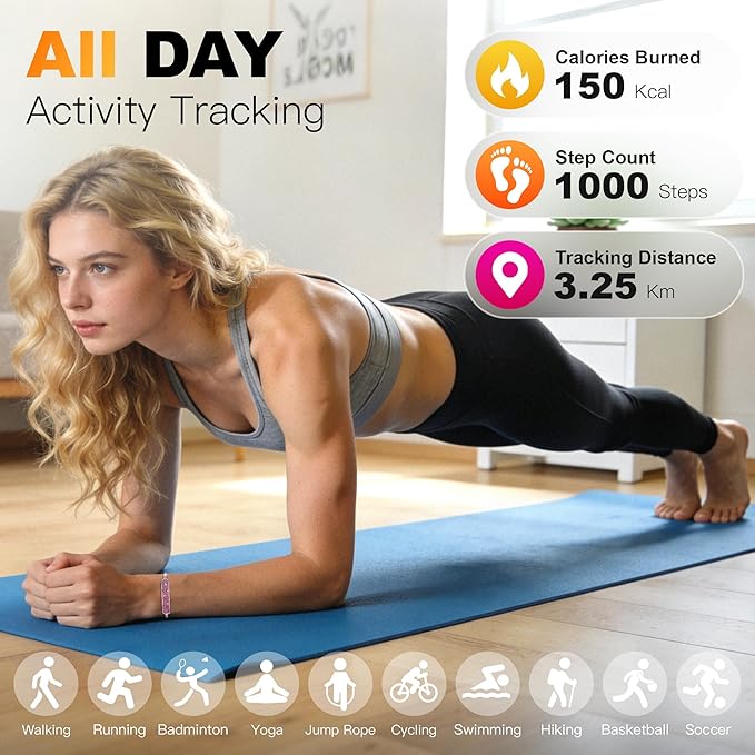 Smart Bracelet for Women – Fitness Tracker with Heart Rate, Sleep & Step Tracking, 1ATM Water Resistant, Multi-Sport Modes, Fitness Tracking Wearable with Free App, 2 Bands(Pink)