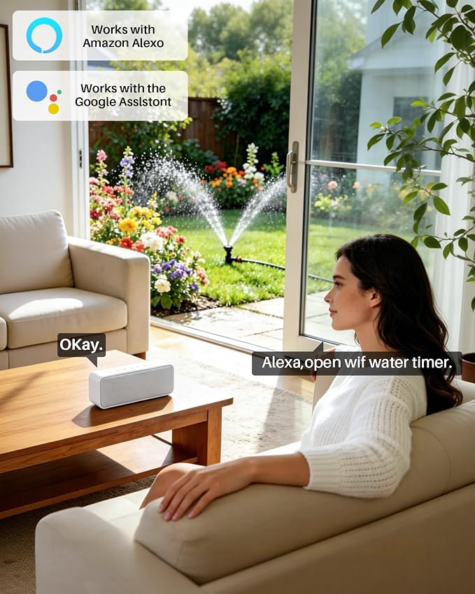 WiFi Water Timer 2 Outlet for Garden Hose, Smart Sprinkler Controller with 984ft RF Range, Smart Lawn Watering System Irrigation Timer, APP/Voice Control, Rain Delay, Manual Irrigation
