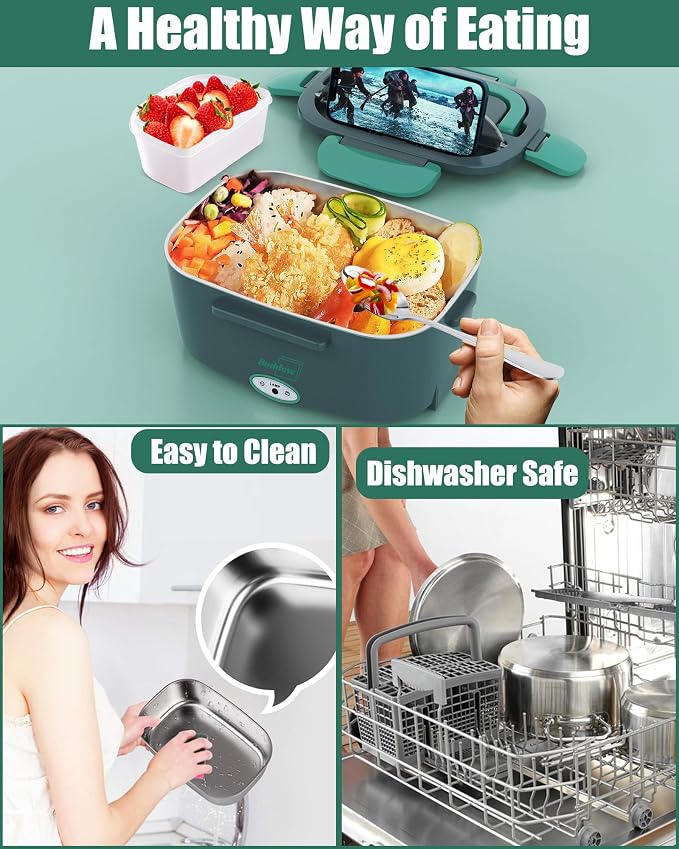 Buddew Electric Heated Lunch Box, 80W Fast Heating with Dual 1.5L Food-Grade 304 Stainless Steel, 12V/24V/110V Portable Food Warmer for Car Truck Office Adults, Lonchera Electrica Portatil (Green)