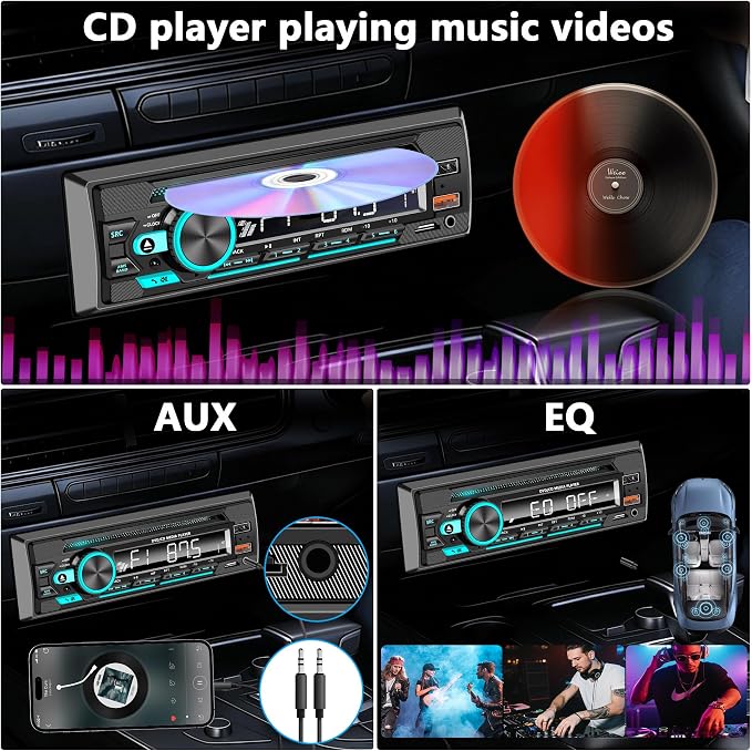 Single DIN CD/DVD Car Stereo with Bluetooth Hands-Free Calling, Push-to-Talk Assistant, FM Car Radio, USB AUX SD Playback, App Control, 7-Color Backlit Display, iOS & Android Compatible