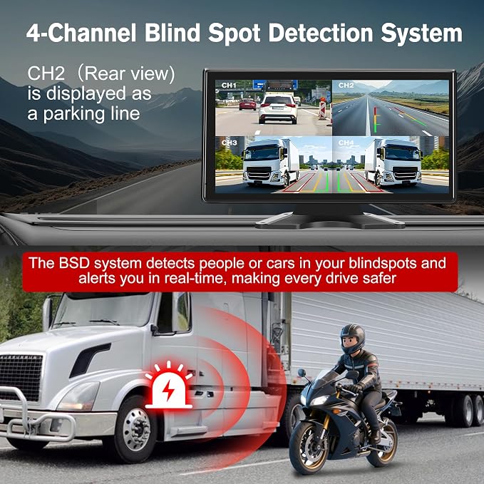 4 Channel Backup Camera System for Truck RV, 10.36” Touch Screen Monitor with 4 1080P Camera, Smart BSD Alert, DVR Loop Recording, IP69 Waterproof Night Vision Dash Cam for Trailer Camper, 64GB Card ﻿
