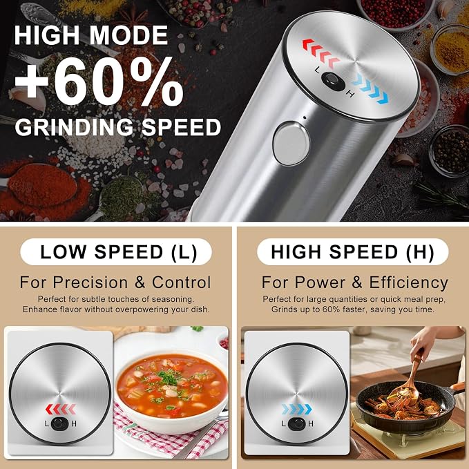 Vivosparks Electric Salt and Pepper Grinder Set - Upgraded 2-Speed Rechargeable Mills with 6-Level External Adjustable Coarseness, Stainless Steel, One-Hand Use, Storage Base