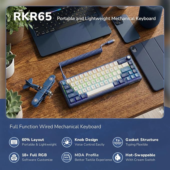 RK ROYAL KLUDGE R65 Wired Gaming Keyboard with Volume Knob, 60% Percent RGB Backlit Mechanical Keyboard Gasket Mount with PBT Keycaps, MDA Profile, QMK/VIA, 66 Keys Hot Swappable Cream Switch, Blue