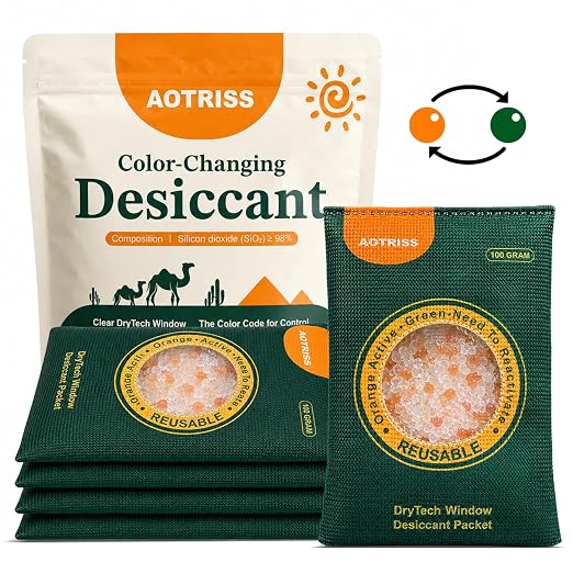 5 Packs 100g Silica Gel Packets, Reusable Desiccant Pack with Color Indicator, Moisture Absorber for Safe, Car, Closet & Storage, Color-Changing Silica Gel with Microwave Reactivation