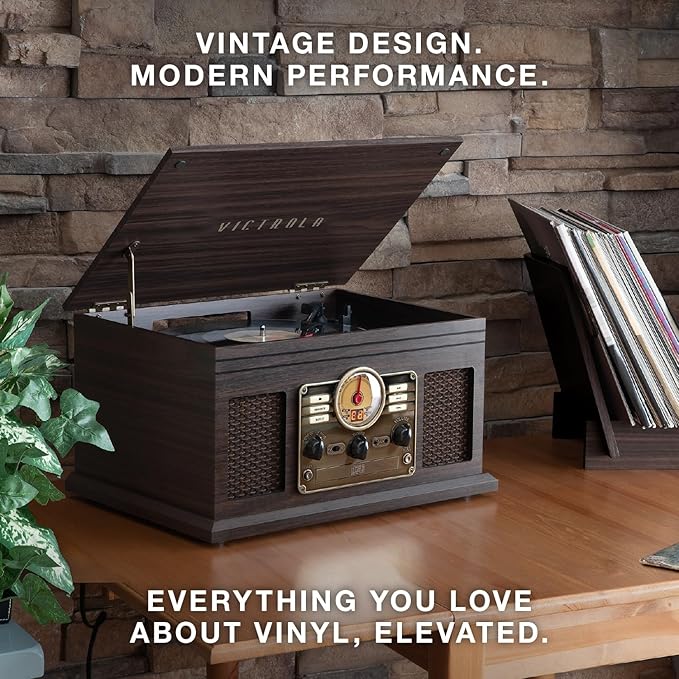 Victrola The Quincy 6-in-1 Bluetooth Record Player & Multimedia Center with Built-in Speakers – 3-Speed Turntable, CD & Cassette Player, FM Radio, Wireless Music Streaming (Farmhouse Oatmeal)