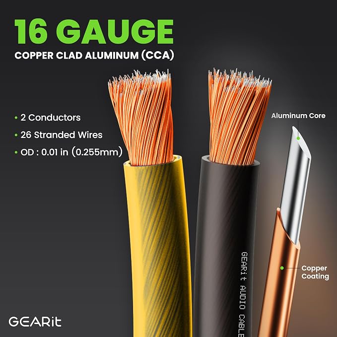 GEARit 16 Gauge Speaker Wire 100 ft,16 Gauge Wire with Foot Markers & Polarity Markings,Flexible Speaker Cable for Car Audio & Home Theater Speakers,Audio Cable for DIY Installations,CCA(Black Yellow)