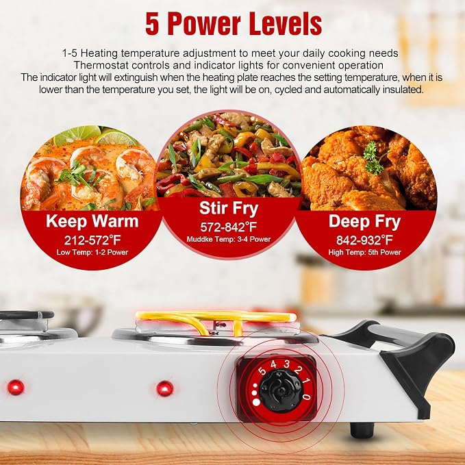 Moclever Hot Plate Electric Stove, 2000W Portable Cooking Stove w/Cooling Handle, 5 Levels of Adjustable Temperature, Countertop Burners Dual Coil Burner for Home RV Camping, Fits All Cookware
