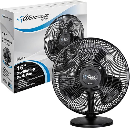 PAMI Oscillating Desk Fan - Portable Table Top Fan With 3 Speed Levels, Large Blades & Adjustable Tilt- Max Air Flow Office Desk Fan- Electric Cooling Fan For Bedroom Home Dorm Office (Black, 12'')