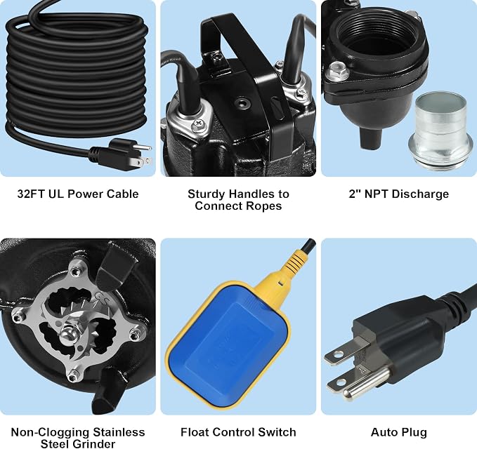 NLIEOPDA 1HP Sewage Grinder Sump Pump, Submersible Effluent Pumps 110V 6400 GPH Auto Float Switch, Cast Iron, 2'' NPT Discharge for Basement, Sump Basin, Residential Sewage