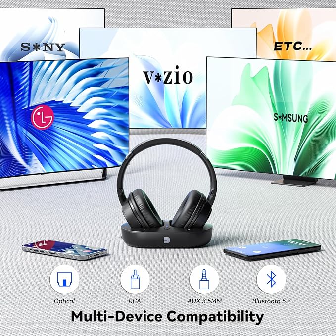 Dytole Wireless Headphones for TV, TV Headphones Wireless for Seniors, Versatile Charging Dock with Transmitter, Instant Audio Sync, 65-Hour Battery Life, Ideal Gift for Parents & Seniors