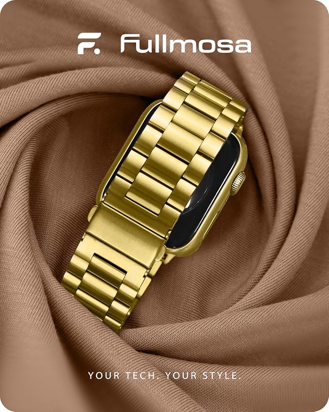 Fullmosa Metal Band Compatible with Apple Watch Bands 45mm 44mm 42mm, iWatch Band with Case for Apple Watch Series 9 8 7 6 5 4 3 2 1 SE3/2/1, Golden