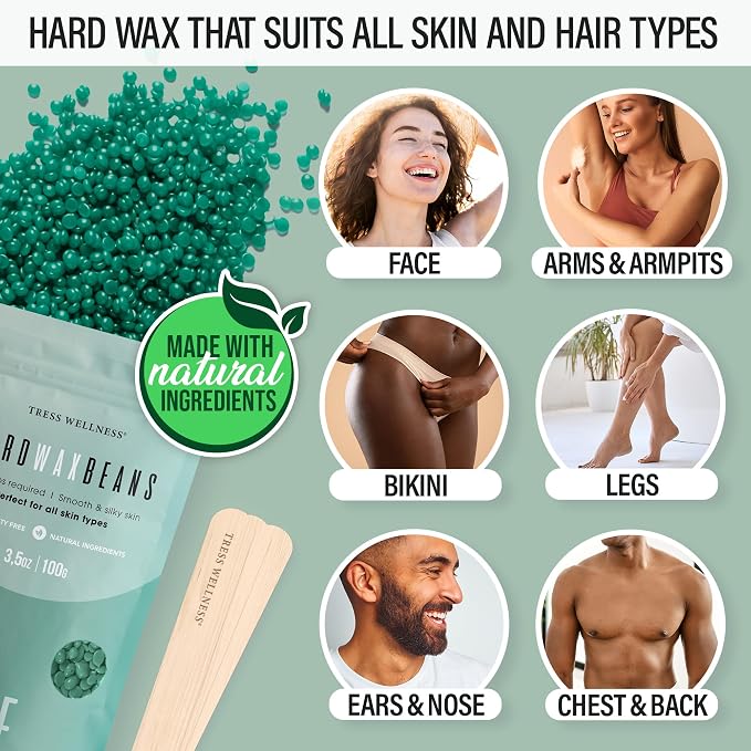 Tress Wellness Award Winning Waxing Kit for Sensitive Skin – Safe for Face & Skin, Easy to Use – At-Home Kit for Face, Bikini, Brazilian & Full Body - Digital Display, Green Mountain