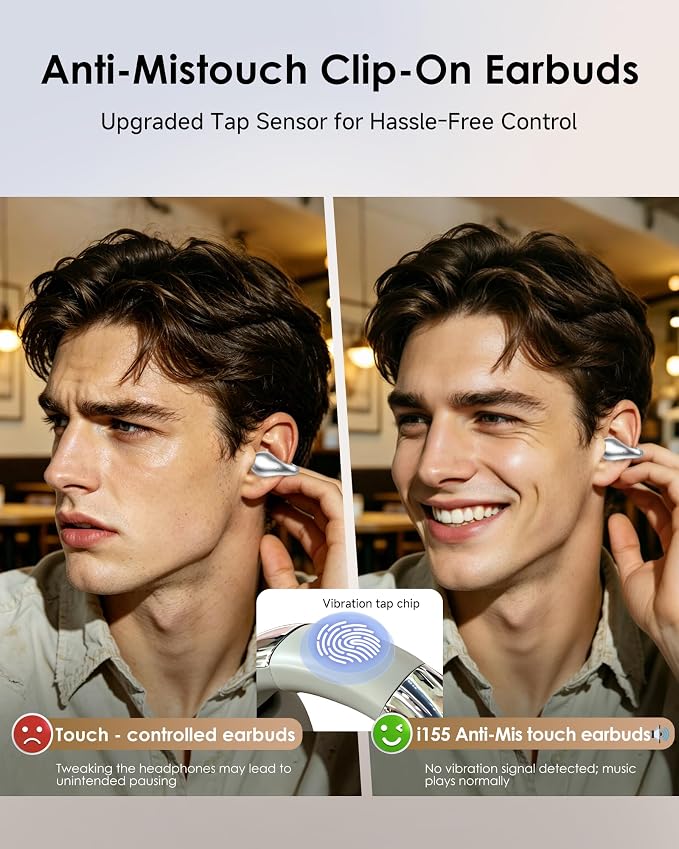 King Lucky Clip-On Earbuds,Comfort Air Cushion Open Ear Earbuds Wireless Bluetooth 6.0 Multipoint, Open Ear Headphones with Mic,Anti-Mistouch,45H Playtime for Sports,Small Ears&Sleep (Silver)