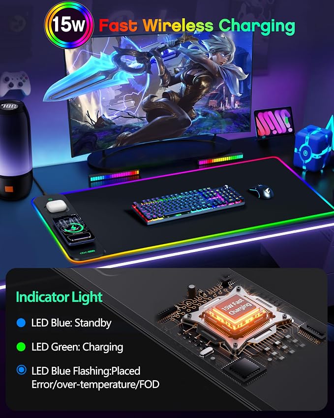 RGB Gaming Mouse Pad with Wireless Charging for Phone/AirPods, 31.5"x15.8" Large, 24 Light Effects, Non-Slip Base, Waterproof Ultra-Smooth Surface, No Adapter