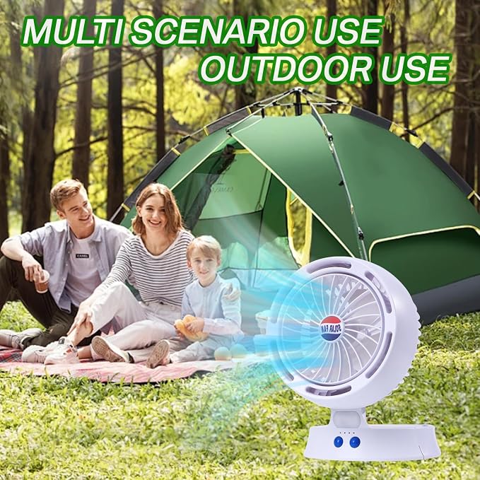 Rechargeable Camping Fan with Light - Solar Powered, USB/Battery Operated, 10400mAh, 4-Speed Adjustable, LED Lantern, Suitable for home and outdoor use.