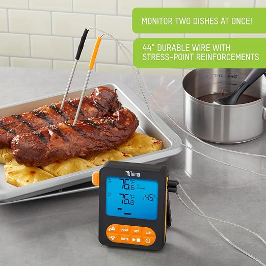 Taylor TruTemp Dual Probe Wired Programmable Meat & Food Thermometer, Digital, Monitor Two Dishes, Baking, Grilling, Roasting, User-Friendly, Backlit, Orange