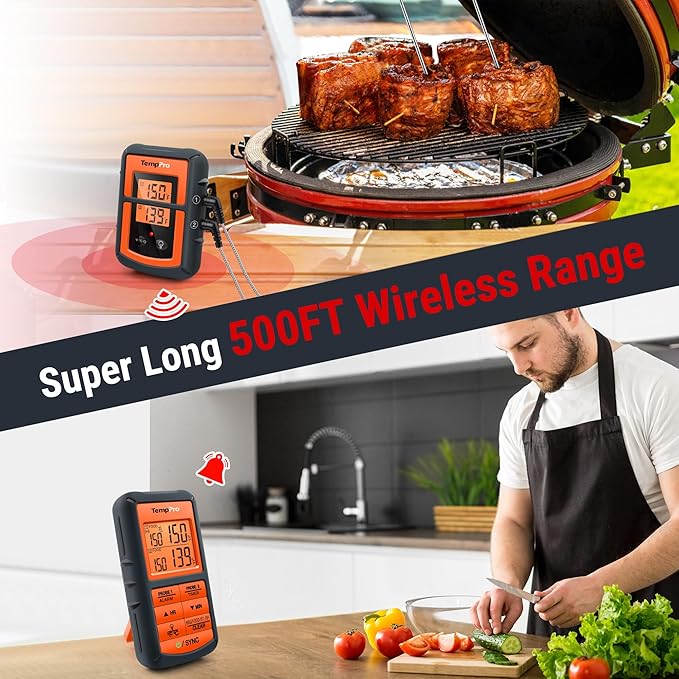 TempPro TP08 500FT Wireless Meat Thermometer for Grilling Smoker BBQ Thermometer with Dual Probe Kitchen Cooking Steak Turkey Food Thermometer Cooking Gift for Dad Him Husband (Previously ThermoPro)