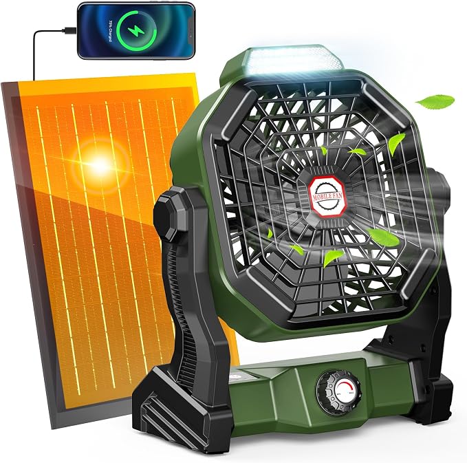 Solar Powered Fan,【Max 40H Runtime】Rechargeable Solar Camping Fans & Led Lantern,8-inch Portable Fan with Solar Panel,Battery Operated Powered Outdoor Tent Fans for Camping Essentials Accessories
